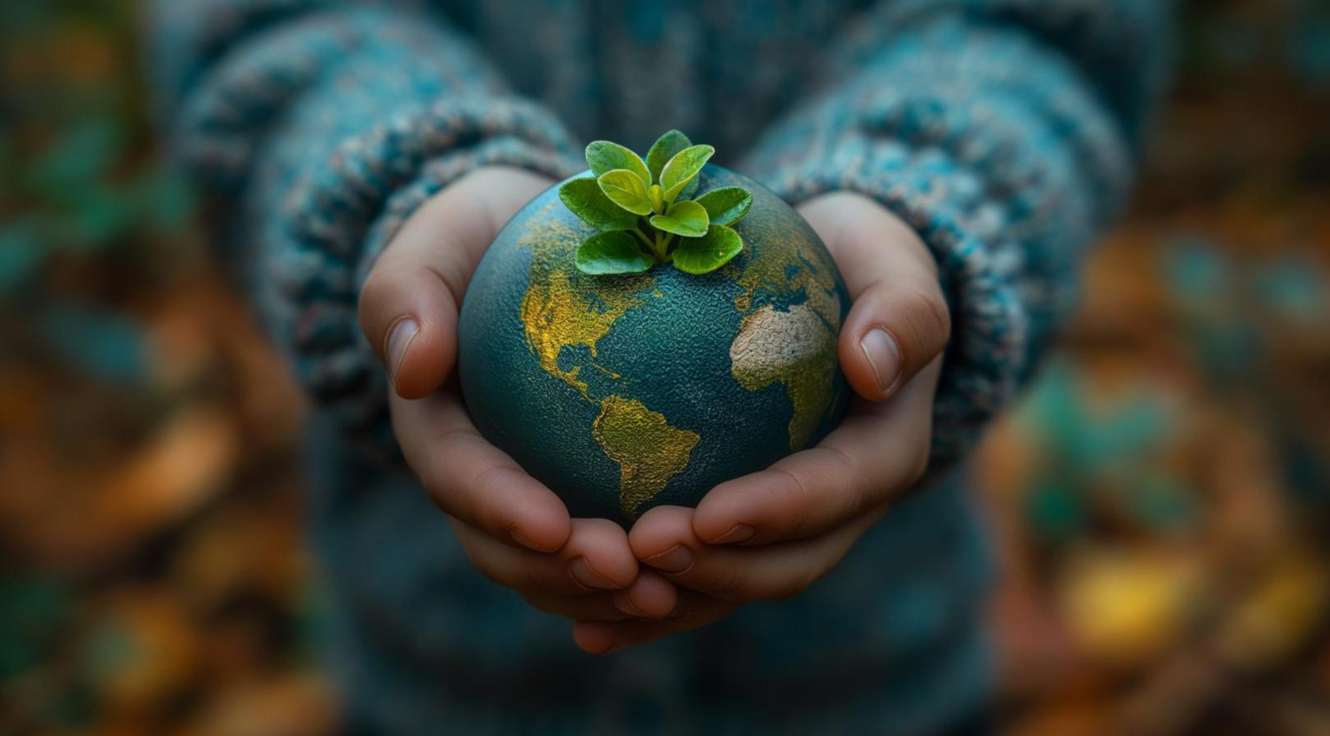 Hands holding a green earth, symbolizing sustainability